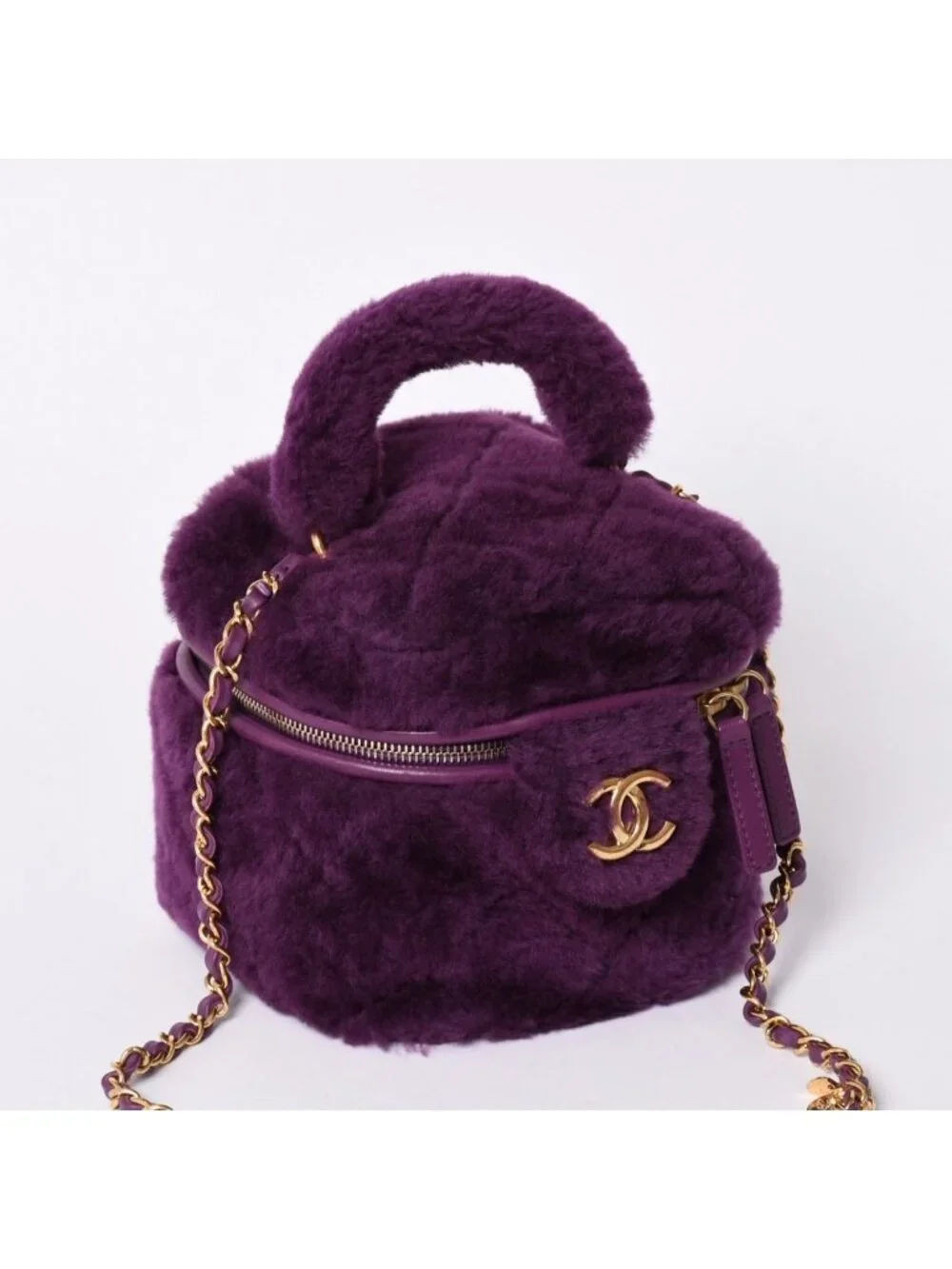 Chanel CC Logo Vanity 2-Way Shoulder Bag Shearling Purple Gold